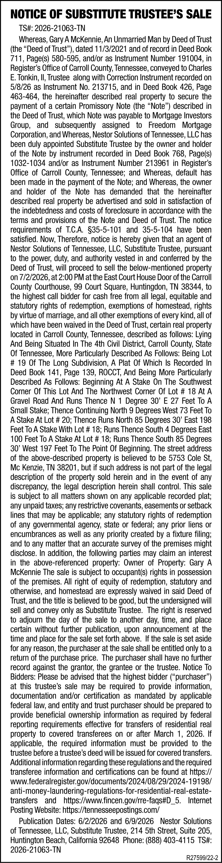 Notice of Substitute Trustees Sale - McKennie