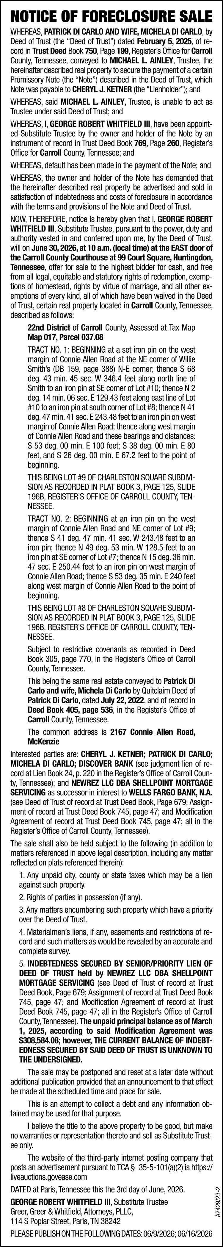 Notice of Foreclosure Sale - DI CARLO