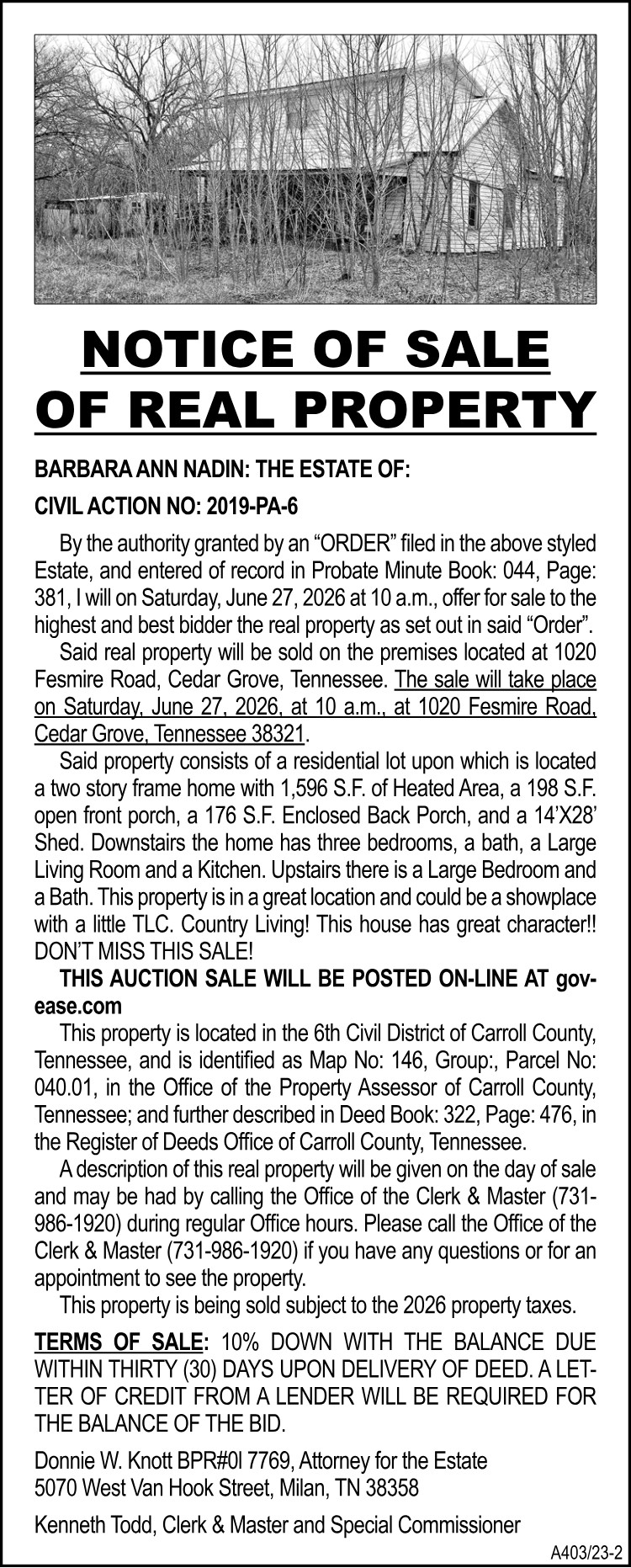 Notice of Sale of Real Property - NADIN