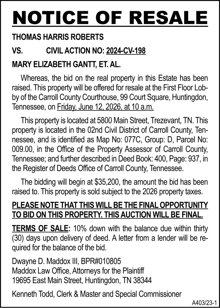 Notice of Resale - ROBERTS vs GANTT