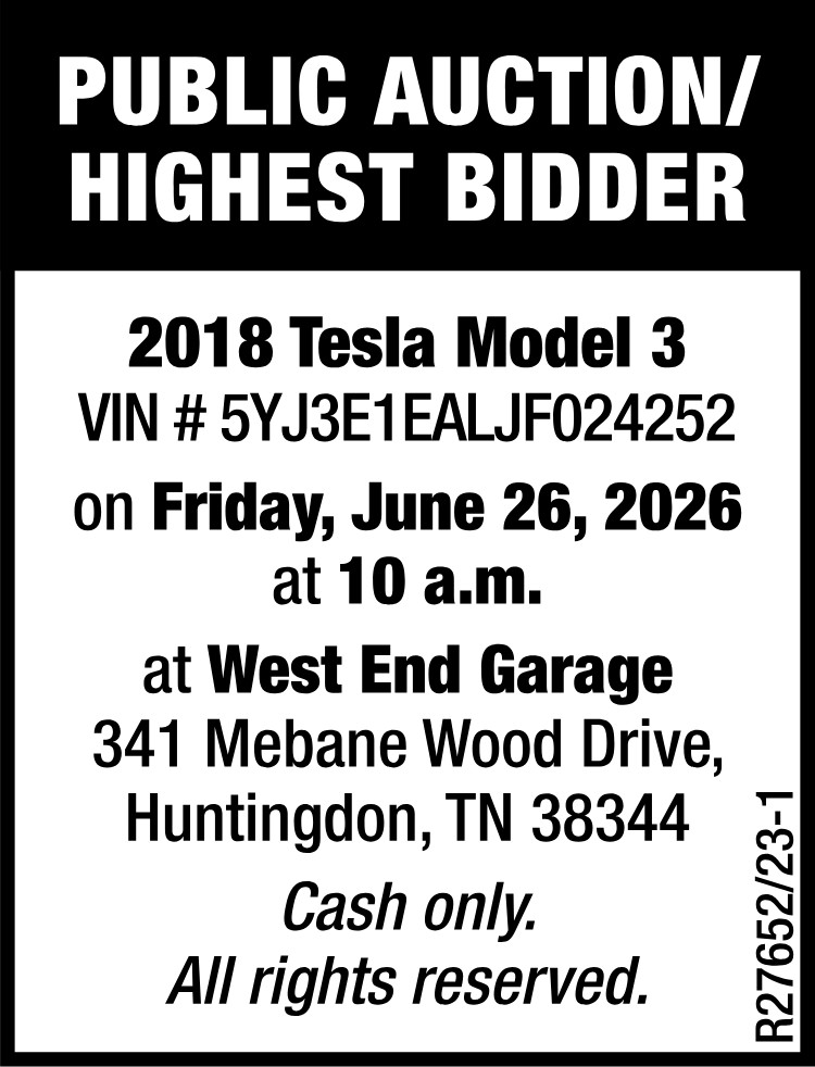 Public Auction - 2018 Tesla Model 3