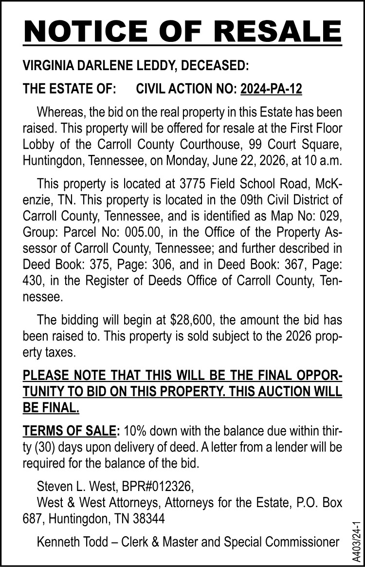 Notice of Resale - LEDDY