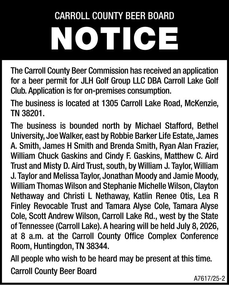 Notice - Carroll County Beer Permit