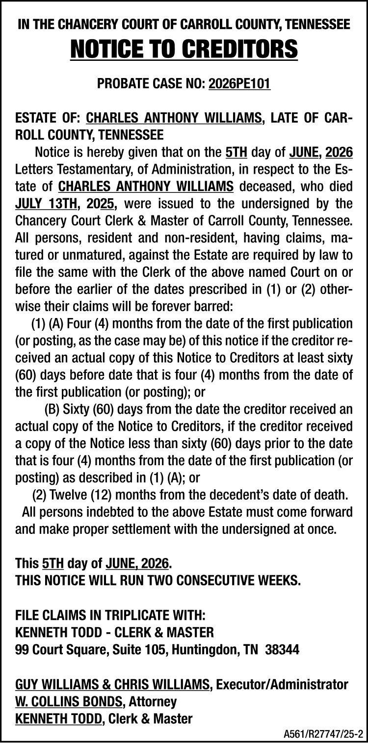 Notice to Creditors - CHARLES WILLIAMS
