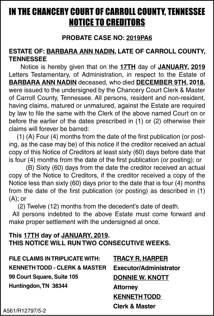 Notice to Creditors - NADIN