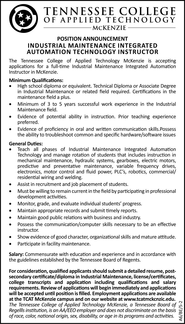 TCAT - Industrial Maintenance Integrated Automation Technology Instructor