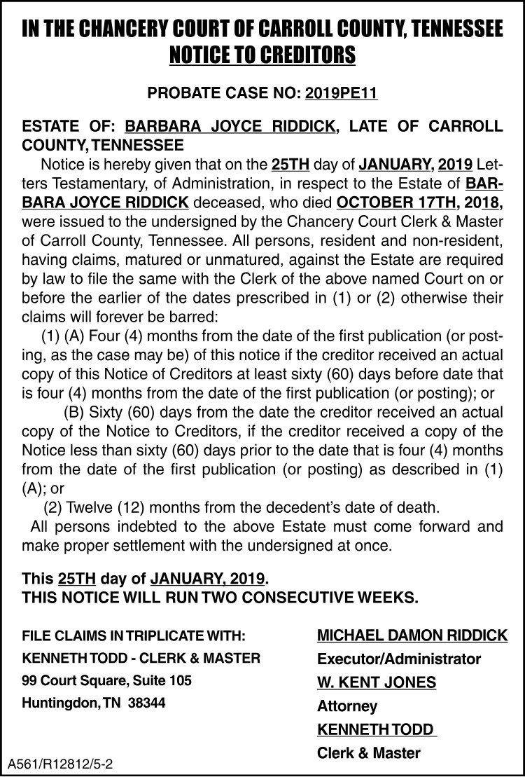 Notice to Creditors - RIDDICK