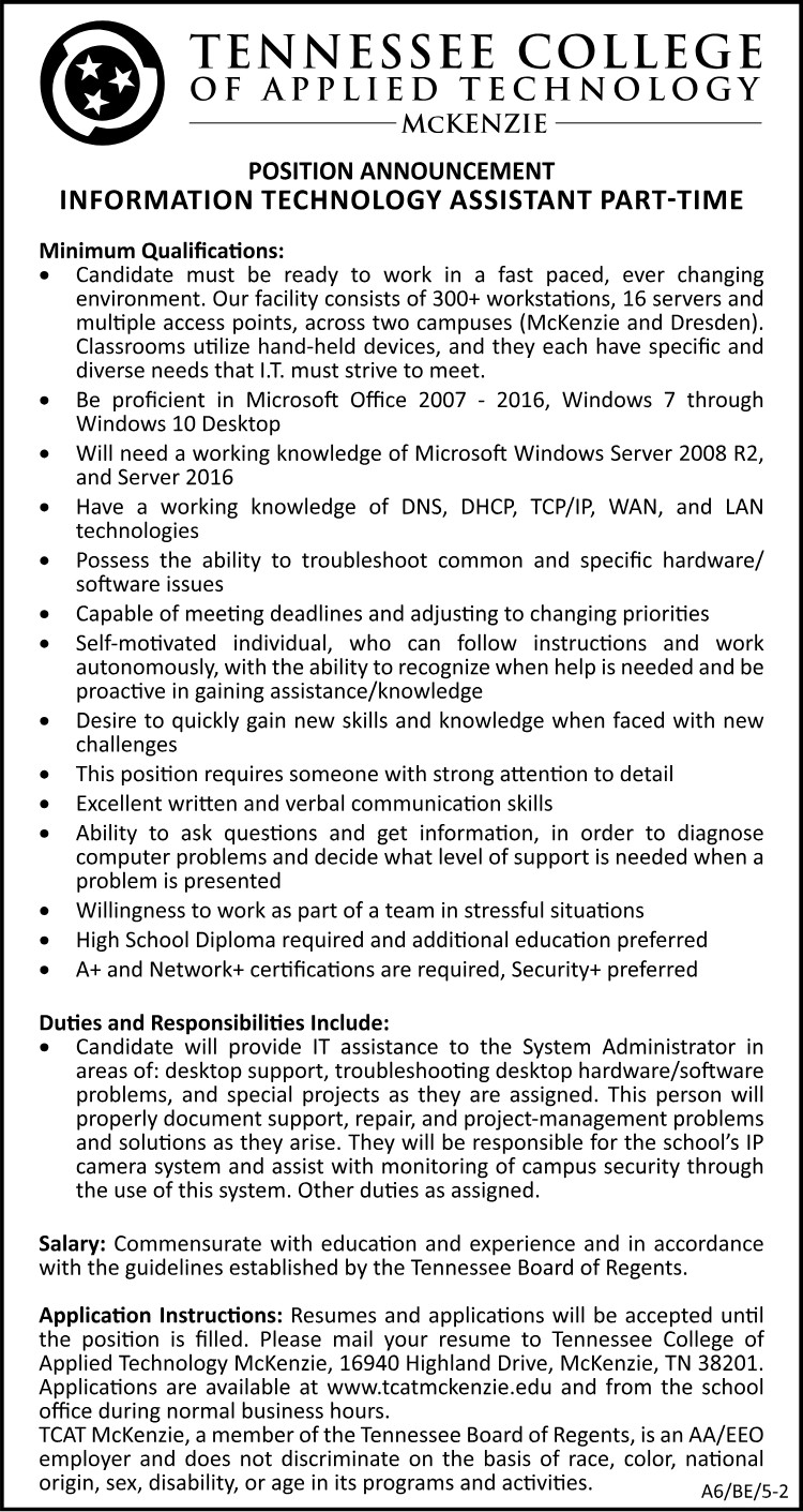 TCAT - Information Tech Assistant Part Time