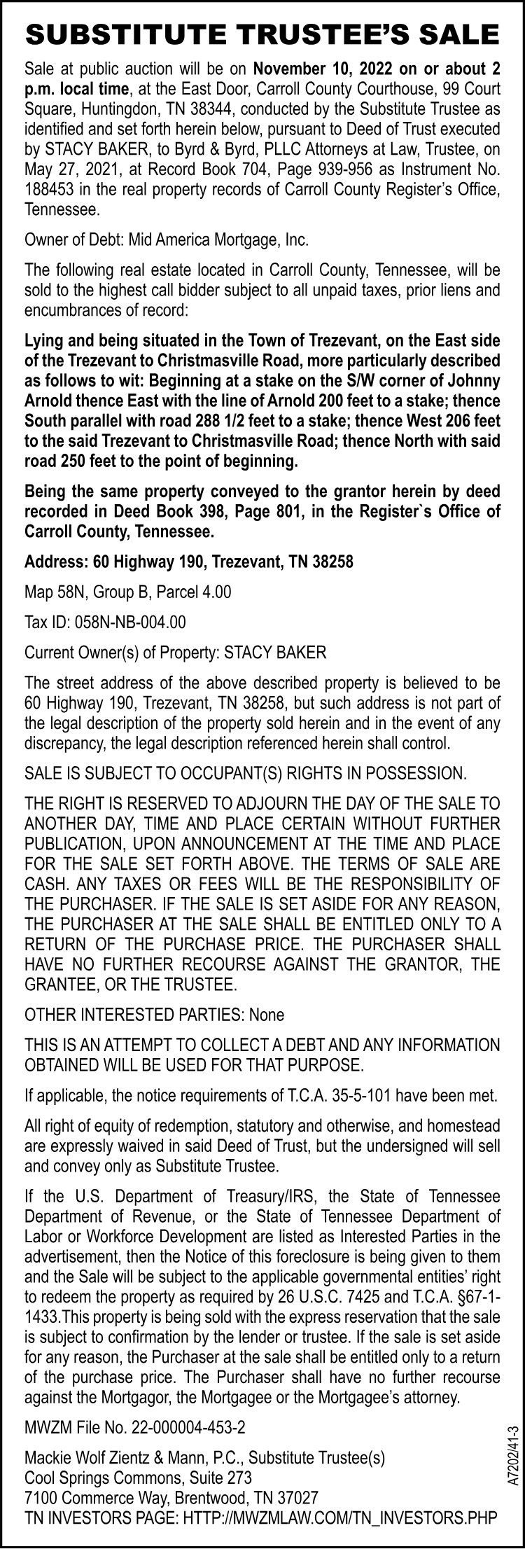 Substitute Trustee Sale - BAKER