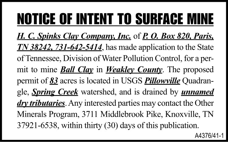 Notice of Intent to Surface Mine - HC Spinks Clay