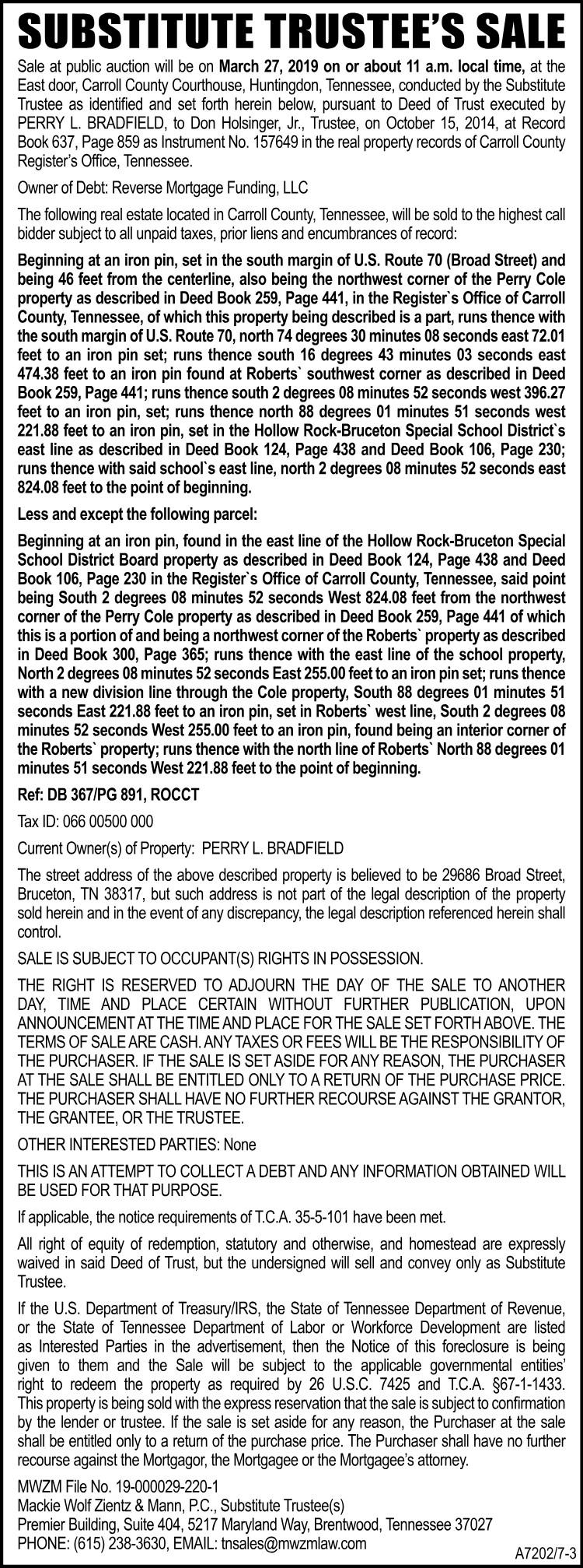 Notice of Substitute Trustee's Sale - PERRY BRADFIELD