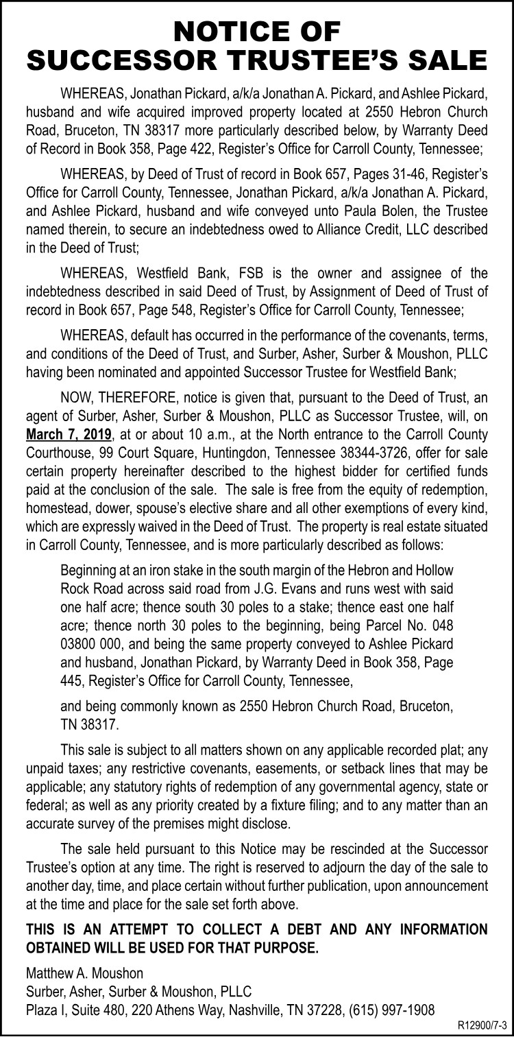 Notice of Successor Trustee Sale - Pickard