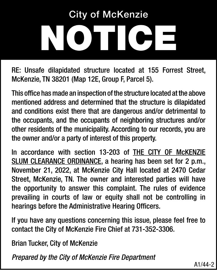 Notice Unsafe Structure - 155 Forrest Street