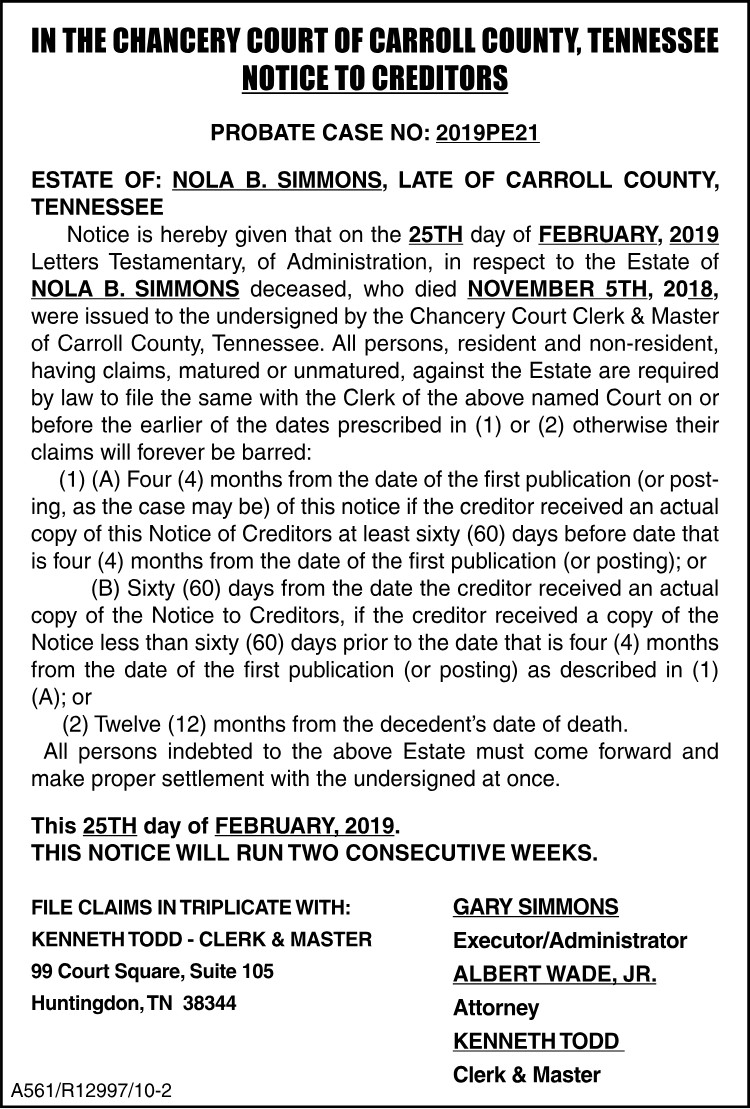 Notice to Creditors - SIMMONS