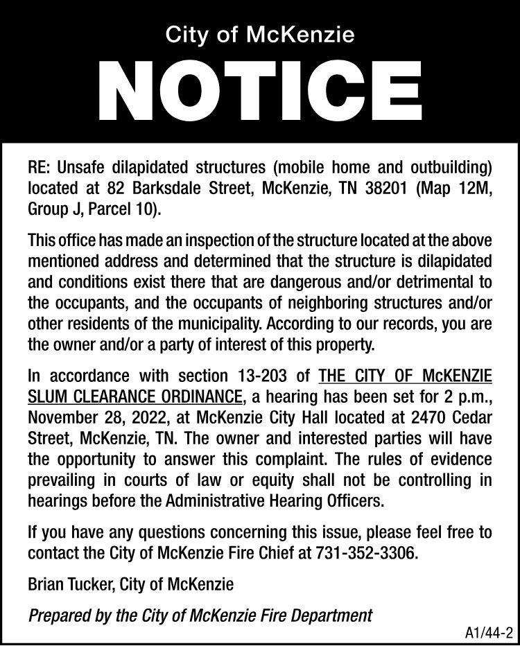 Notice Unsafe Structure - 82 Barksdale Street