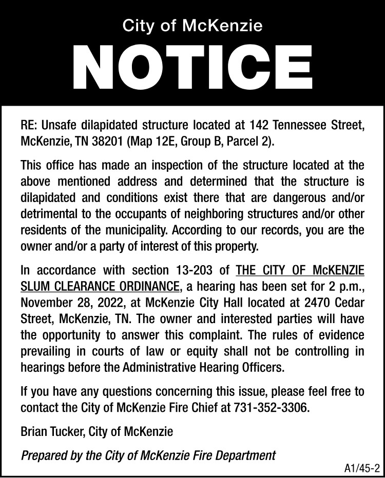 Notice Unsafe Structure - 142 Tennessee Street