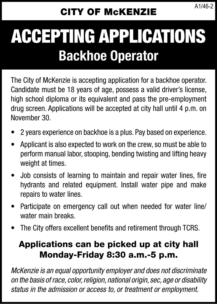 City of McKenzie Hiring Backhoe Operator