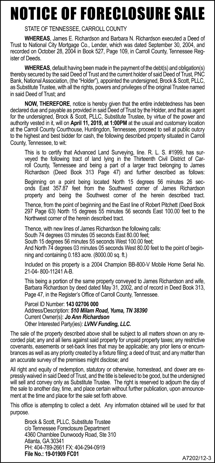 Notice of Foreclosure Sale - Richardson