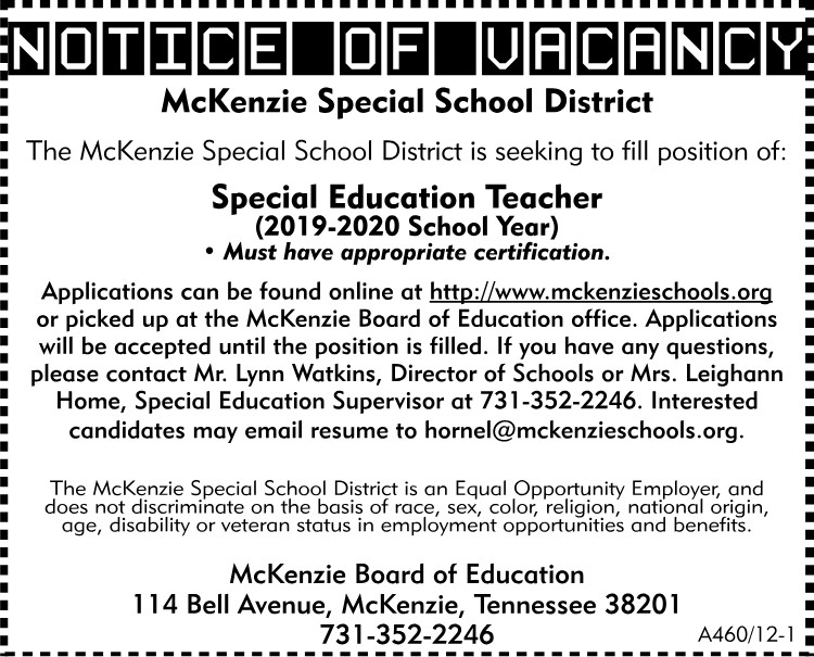 Notice of Vacancy-MSSD- Special Education Teacher