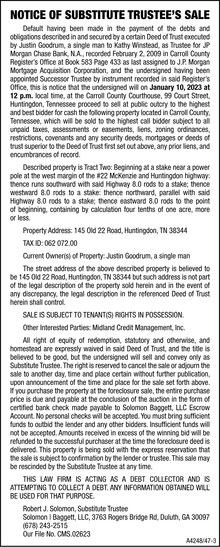 Notice of Substitute Trustee Sale - GOODRUM