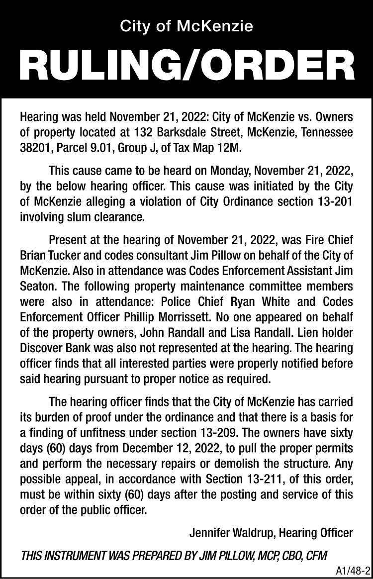 City of McKenzie Hearing Ruling - 132 Barksdale Street