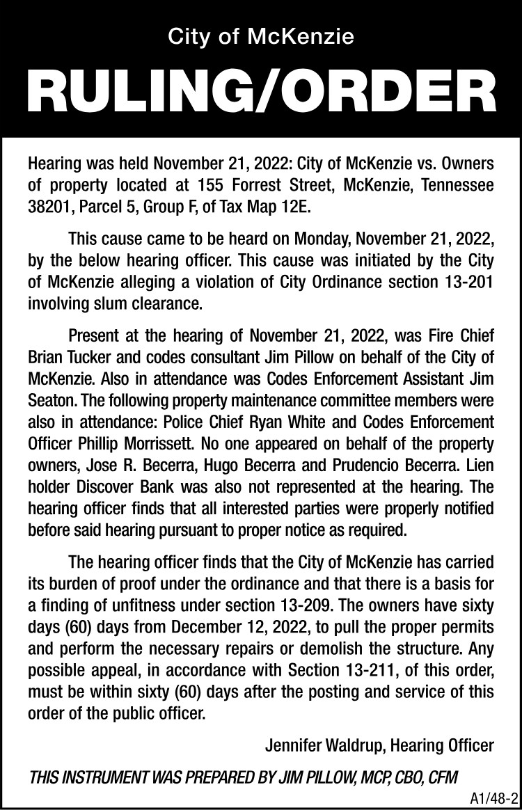 City of McKenzie Hearing Ruling - 155 Forrest Street
