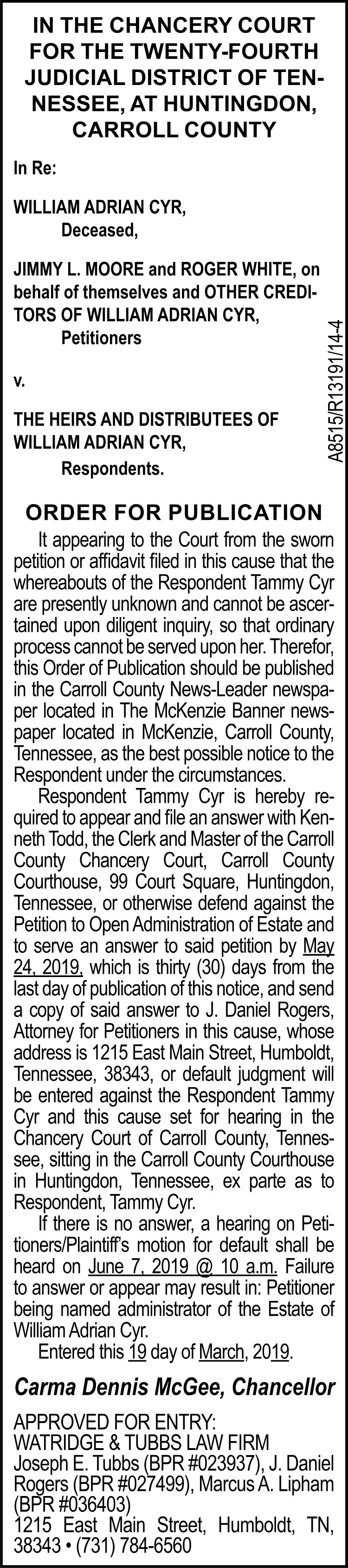 Order of Publication - CYR - A8515
