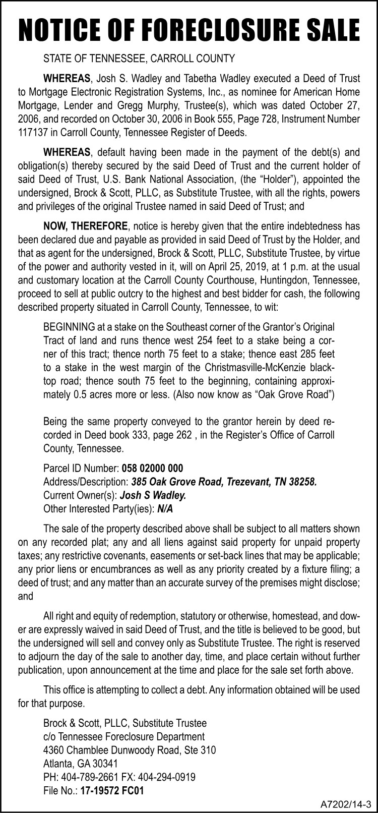 Notice of Foreclosure Sale - WADLEY