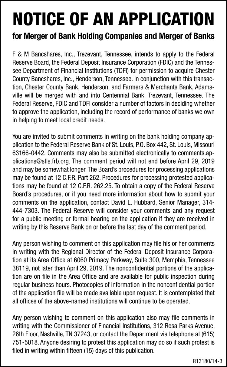 Notice of Application Bank Merger - Farmers and Merchants