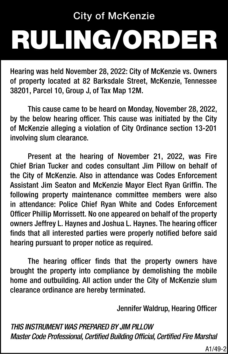 City of McKenzie Hearing Ruling - 82 Barksdale Street