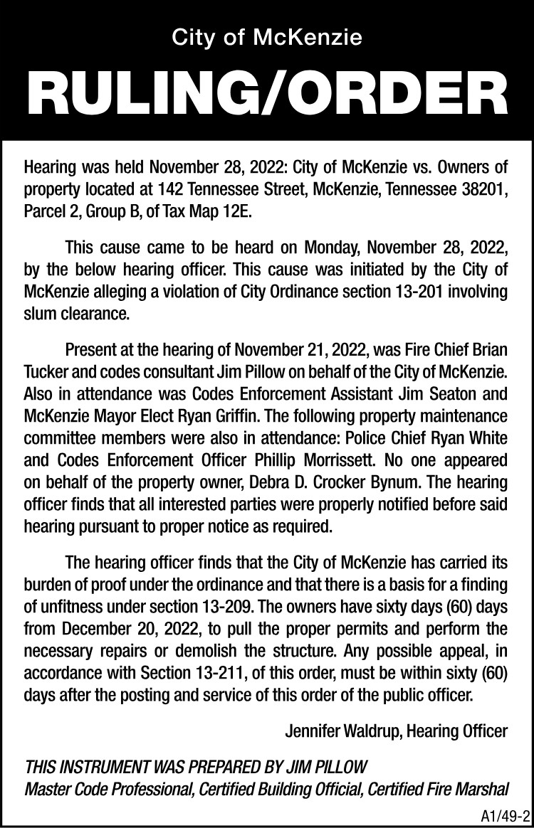 City of McKenzie Hearing Ruling - 142 Tennessee Street