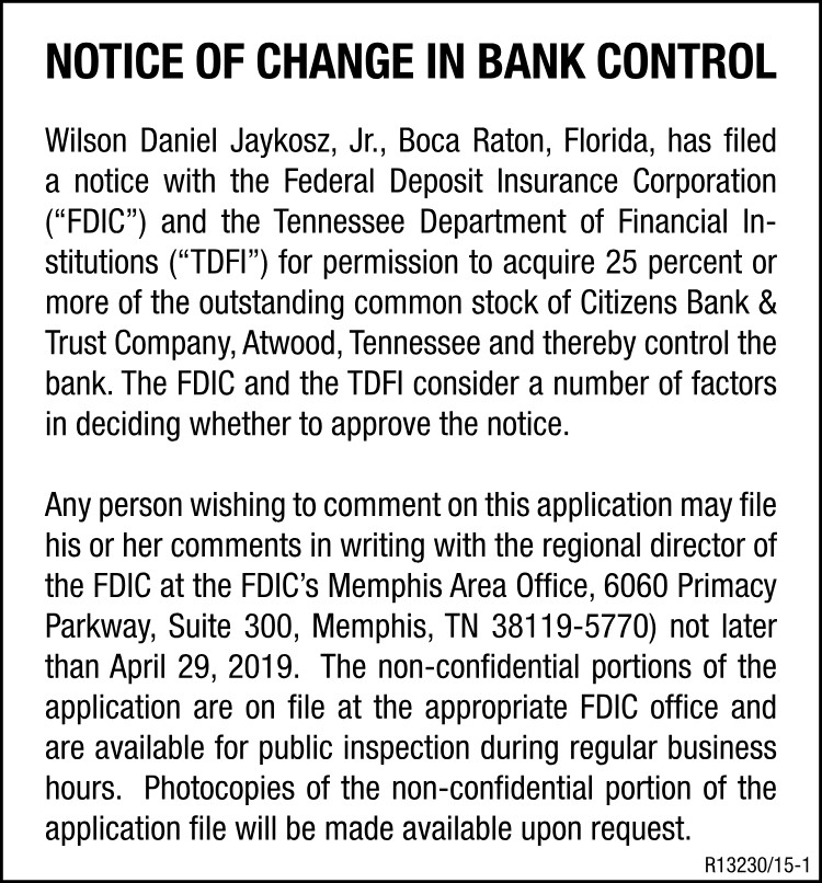 Notice of Change in Bank Control - Citizens Bank