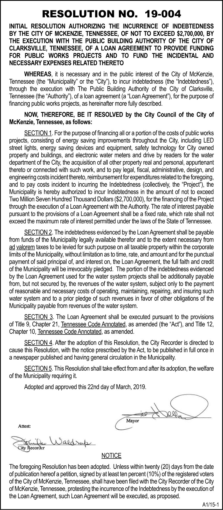 City of McKenzie - Resolution No 19-004