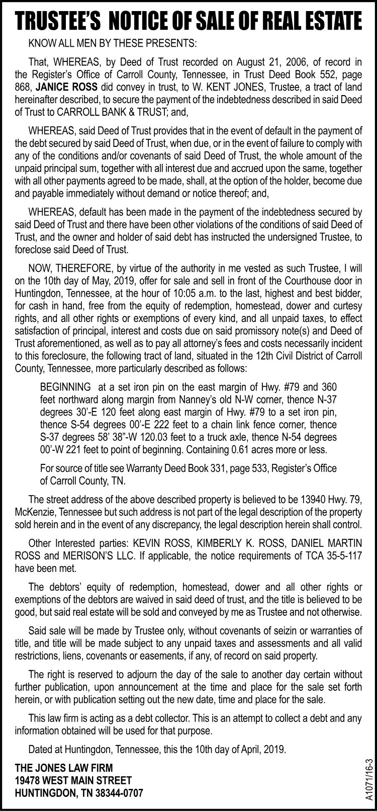Foreclosure Notice - J Ross