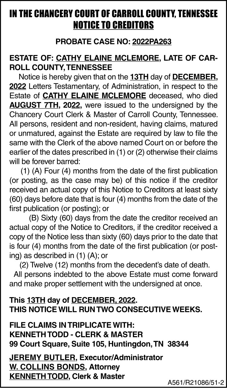 Notice to Creditors - MCLEMORE