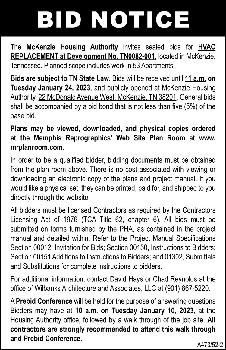Bid Notice - McKenzie Housing Authority - HVAC Replacement