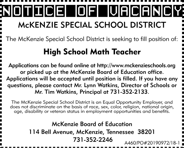 Notice of Vacancy - MSSD - HS Math Teacher