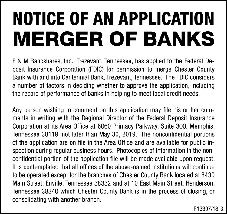 Notice of Application Bank Merger - F & M Bancshares