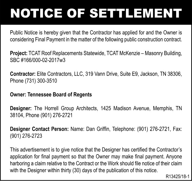 Notice of Settlement - TCAT Project