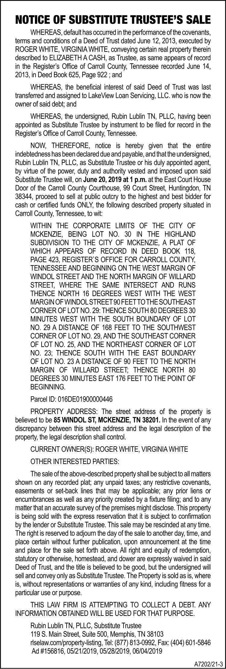 Notice Substitute Trustee Sale WHITE
