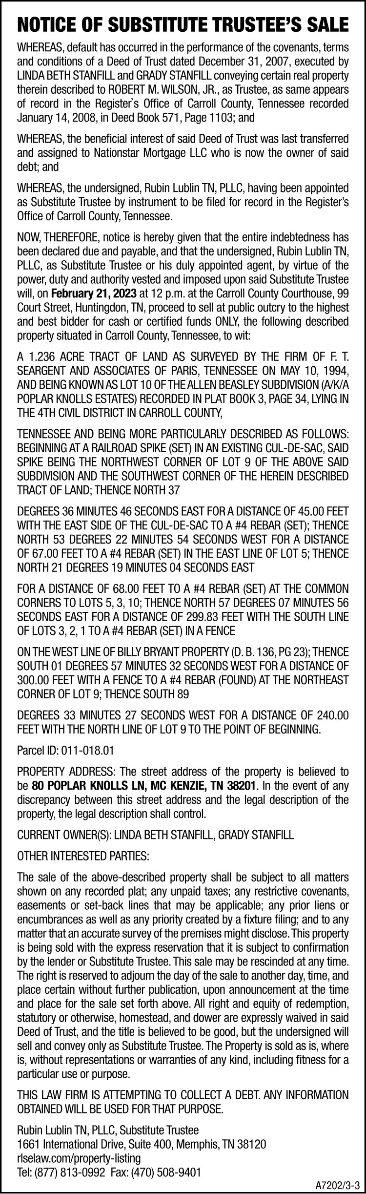 Notice of Substitute Trustee Sale - STANFILL