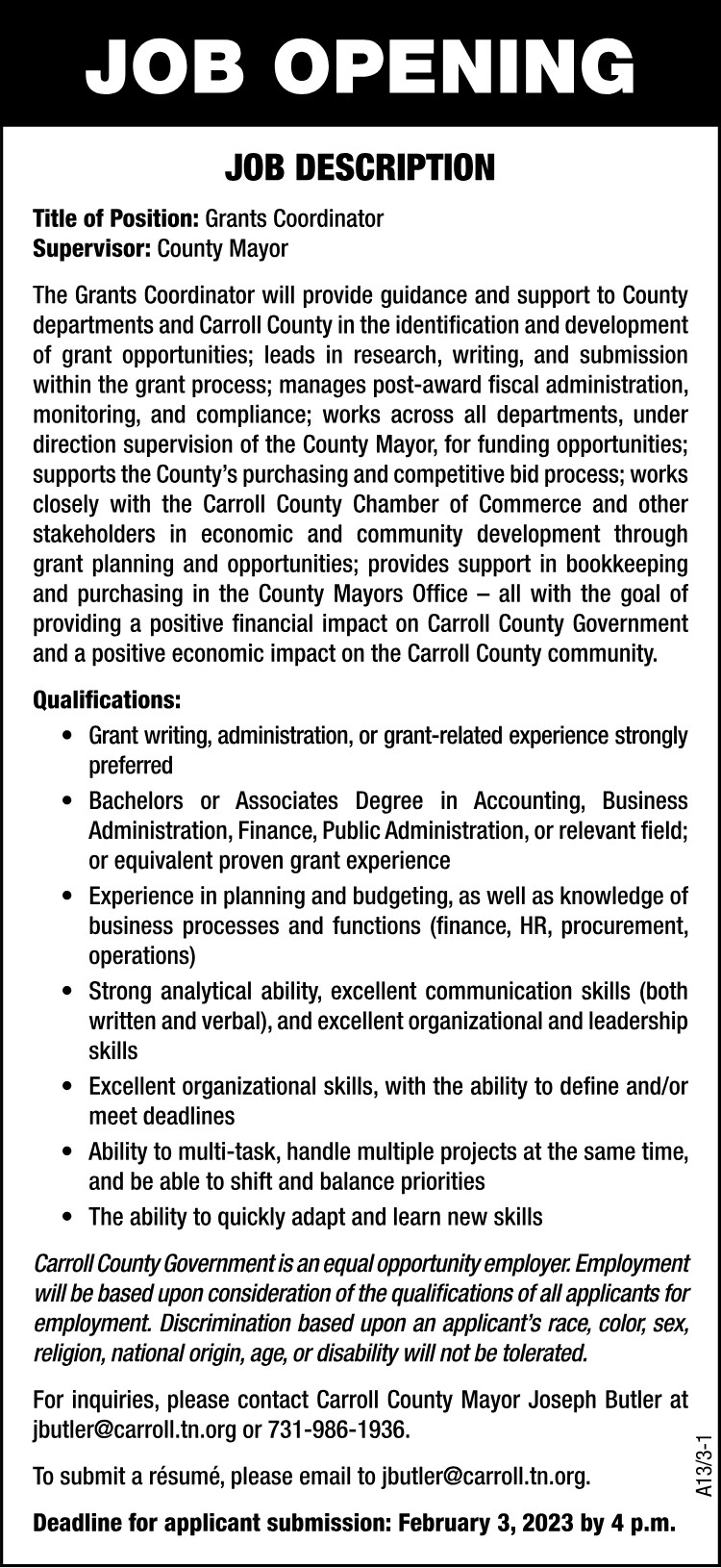 Carroll County Hiring Grants Coordinator