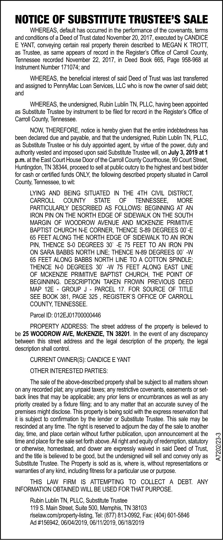 Notice Substitute Trustee Sale YANT