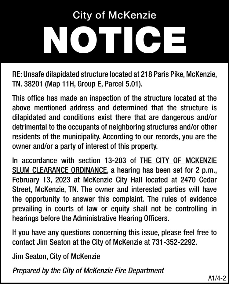 Notice Unsafe Structure - 218 Paris Pike