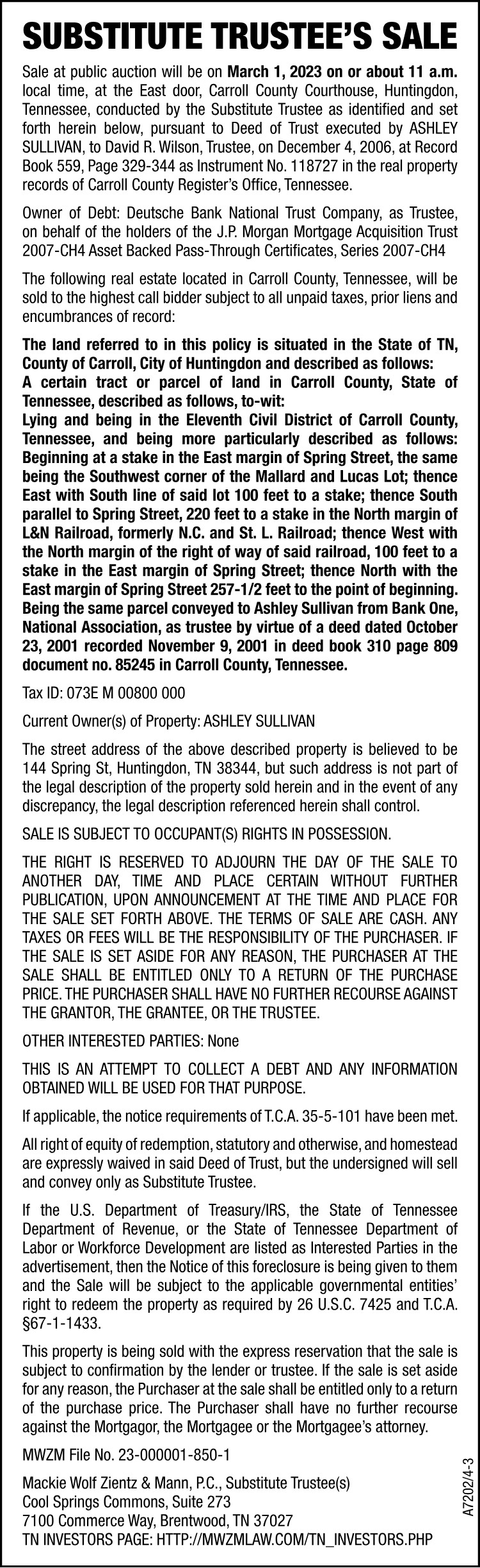 Substitute Trustees Sale - SULLIVAN