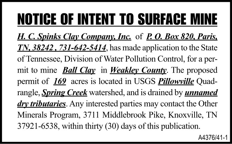 Notice of Intent to Surface Mine - HC Spinks Clay