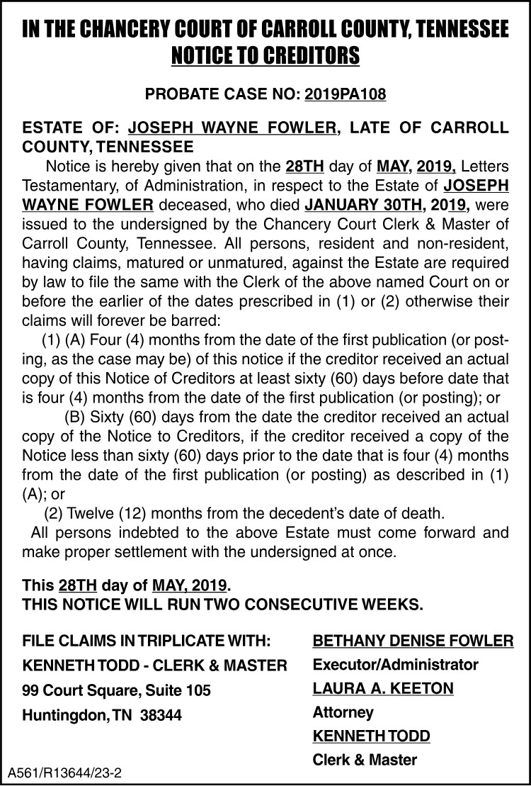Notice to Creditors - JOSEPH FOWLER