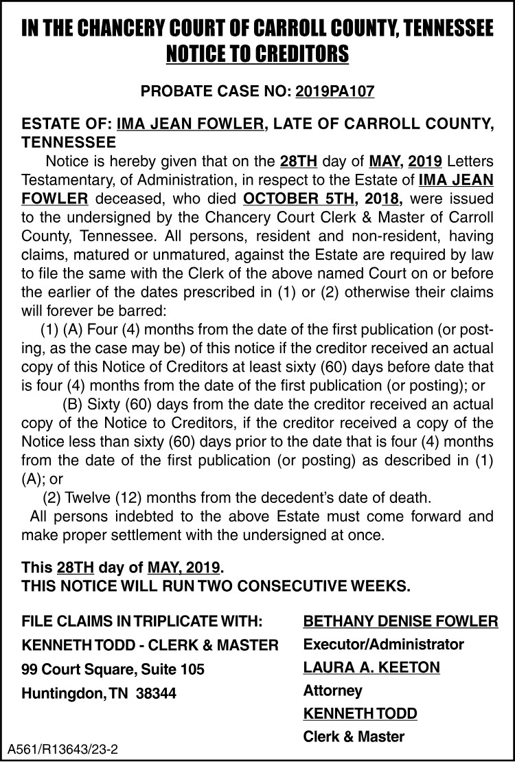 Notice to Creditors - FOWLER