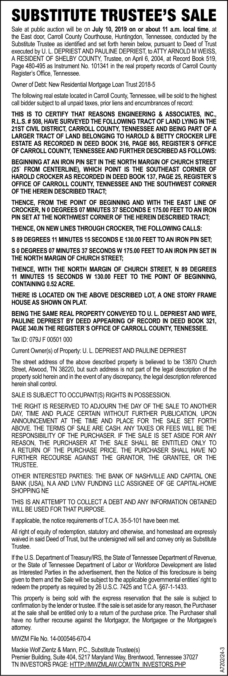 Notice Substitute Trustee Sale DEPRIEST