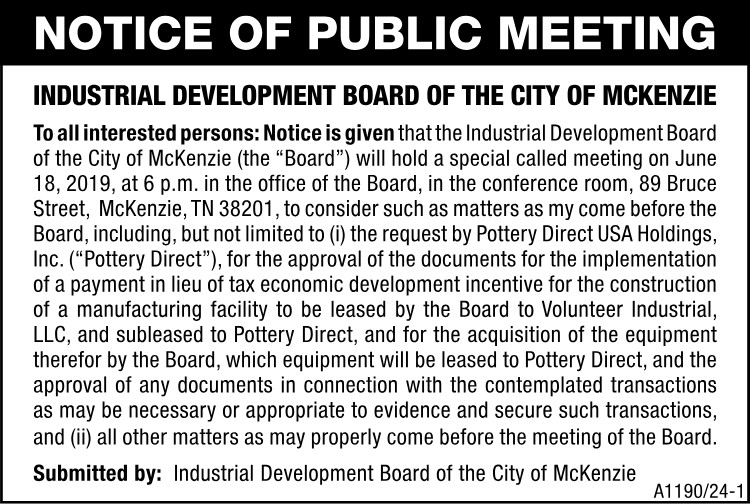 Notice of Public Meeting - Industrial Development Board